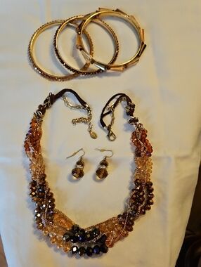 Layered Brown and Amber Beaded Necklace with Matching Earrings